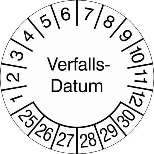 Prüfplakette für Verfallsdaten - 500 Stück/Rolle - Weiß/Schwarz - 3,0 cm - Version 25-30 (2025-2030)