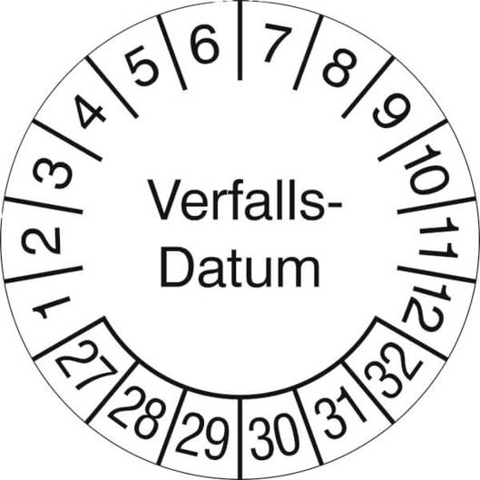 Prüfplakette für Verfallsdatum - 500 Stück/Rolle - 3,0 cm - Weiß/Schwarz - Version 27-32 (2027-2032)