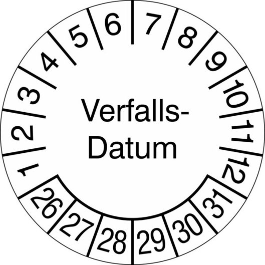 Prüfplakette Verfallsdatum - 500 Stück Rolle - weiß/schwarz - 3,0 cm - Version 26-31 | Prüfplakette 2026-2031