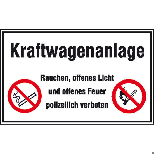 Hinweisschild für Kraftwagenanlage Rauchen mit offenem Licht | Kunststoff, 40x25 cm