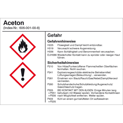 GHS-Etikett für Aceton - Gefahrstoffetikett zur Behälterkennzeichnung | 105 x 74 mm | für Behälter bis 3 Liter